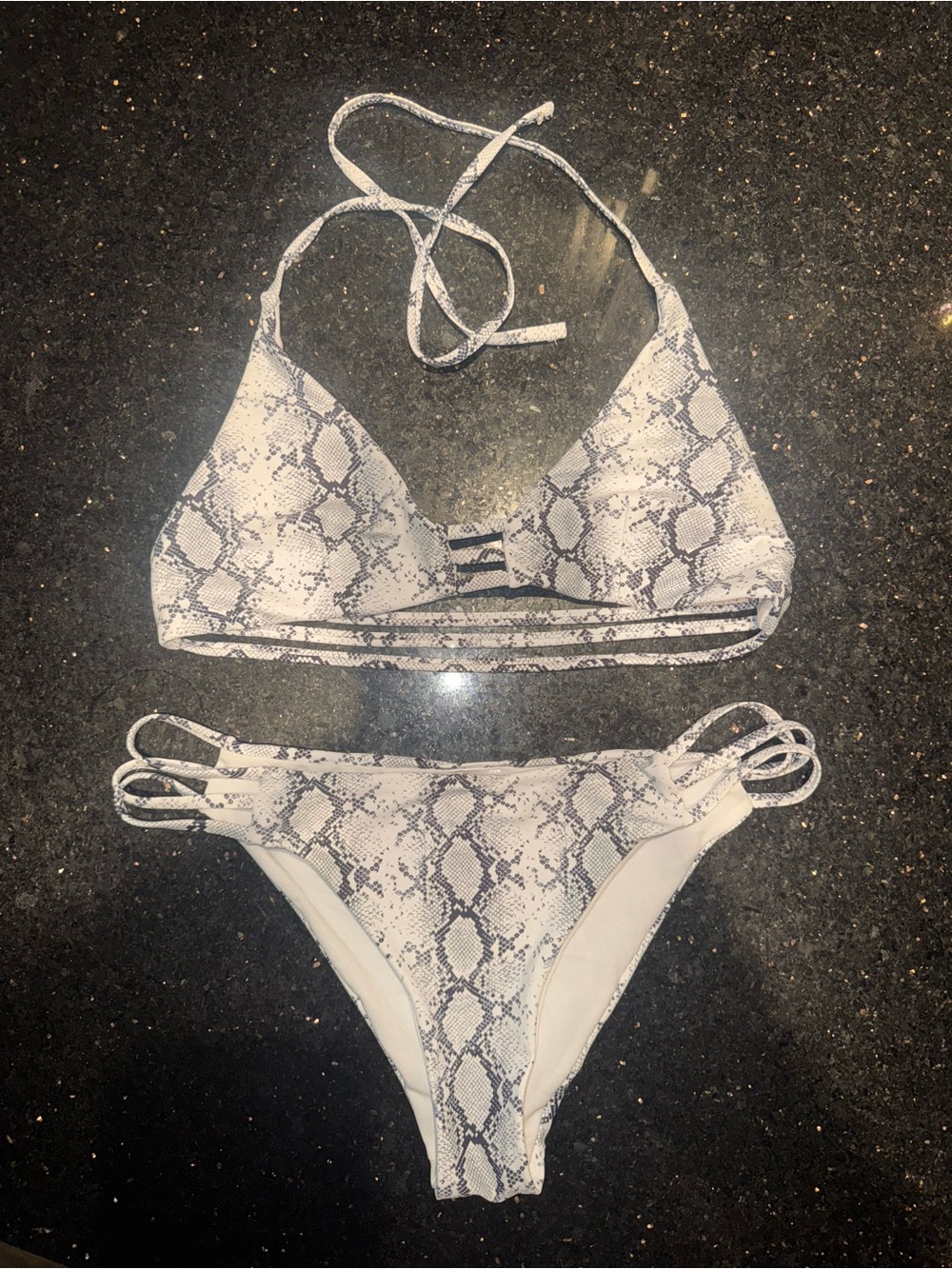 Strappy Snake-Print Bikini Top in White & Gray